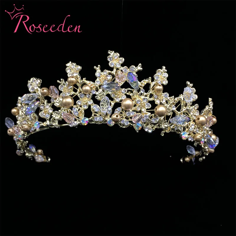 

Gold Branch Flower Wedding Tiaras Crowns For Women Multicolored Rhinestones Crystal Tiara Bridal Hair Accessories Jewelry RE723