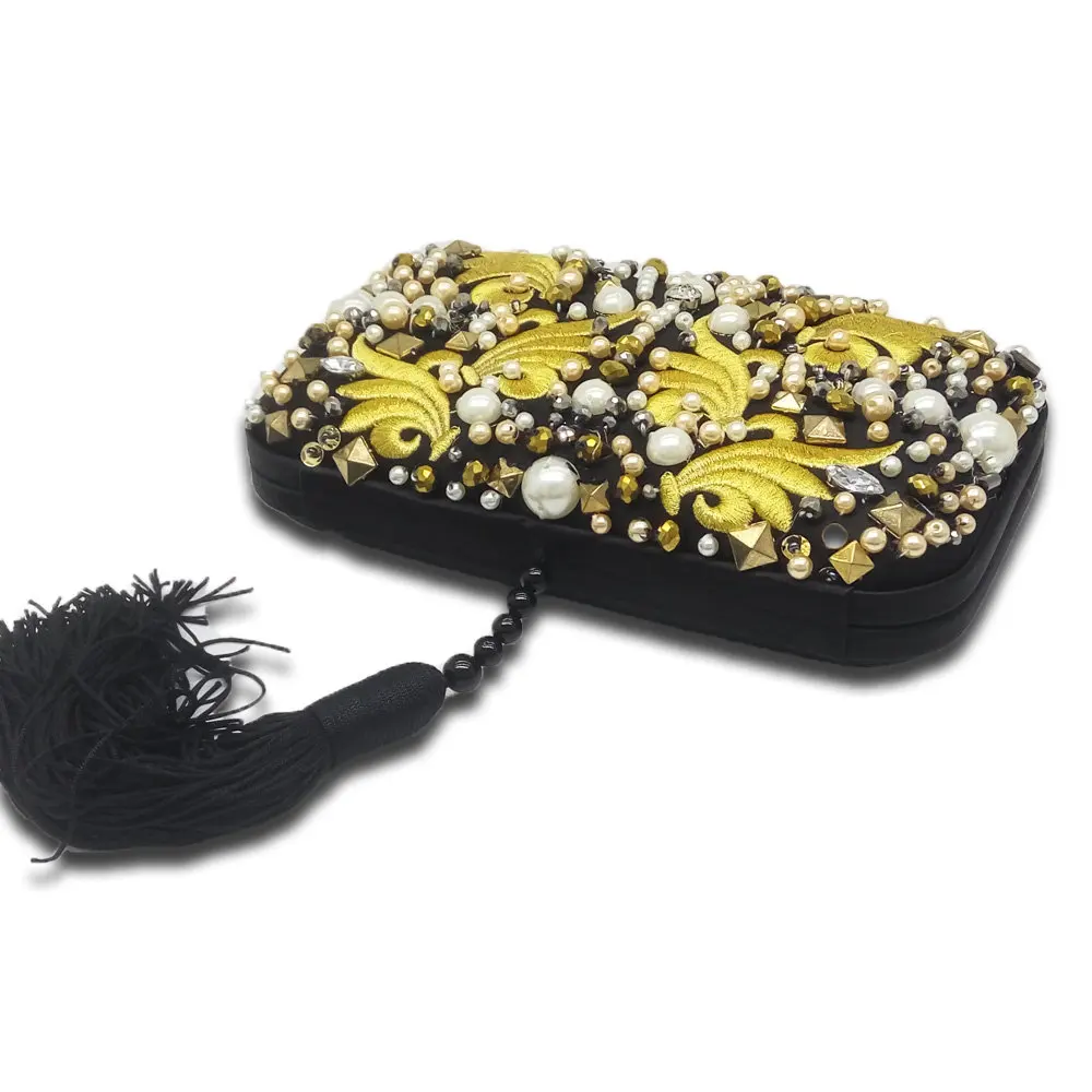 Известная марка бисера заклепки вышивка кисточкой женский черный атлас вечерние