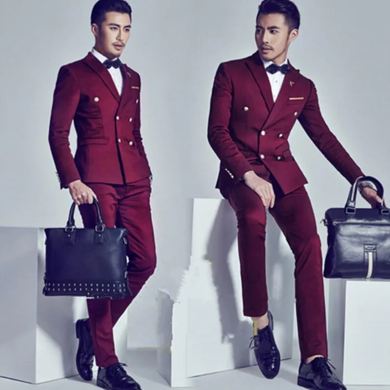 

Red Double Breasted Slim Fit Wedding Suits Fashion Handsome Custom Made Men Suits 2 Pieces Prom Party Suit (Jacket+Pant+Tie)