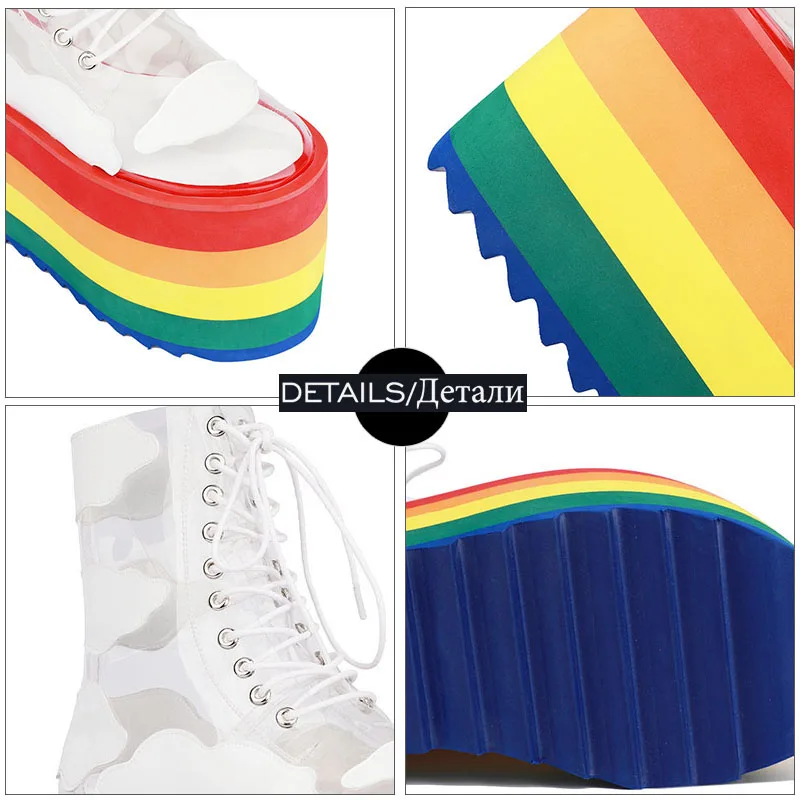 

WETKISS 2019 New Rainbow Thick Bottom Fashion Transparent PVC Lace Show Show Cool Boots Nightclubs Cake Bottom Female Boots