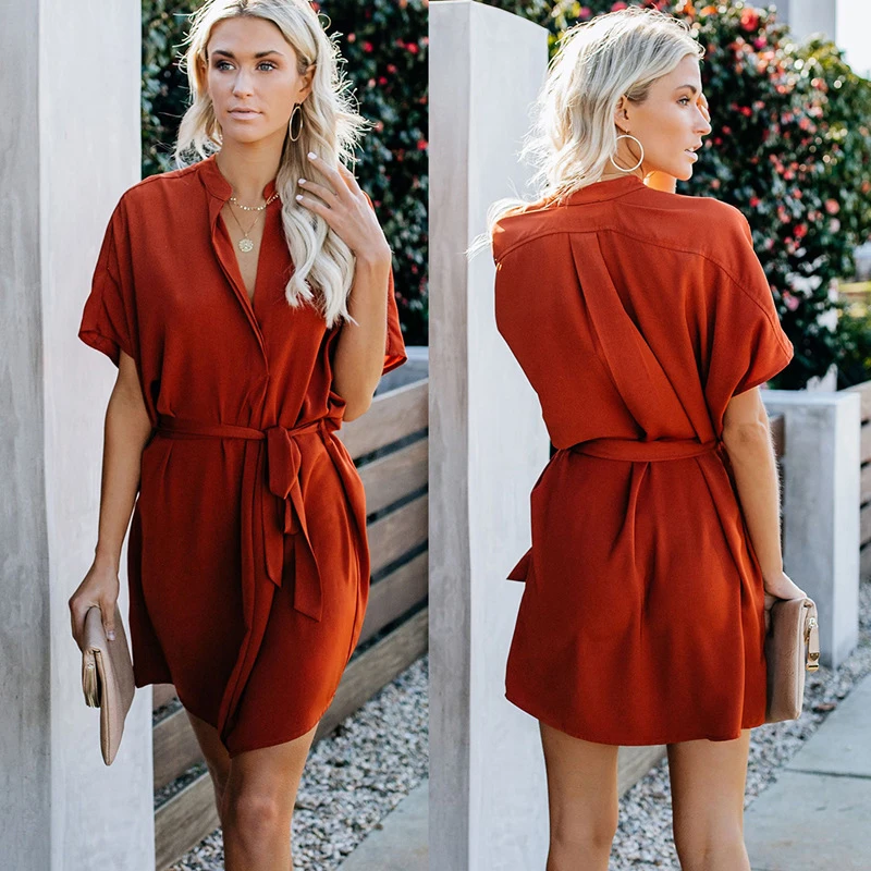 Офисная работа Vestidos 2019 Платье женское однотонное с коротким рукавом
