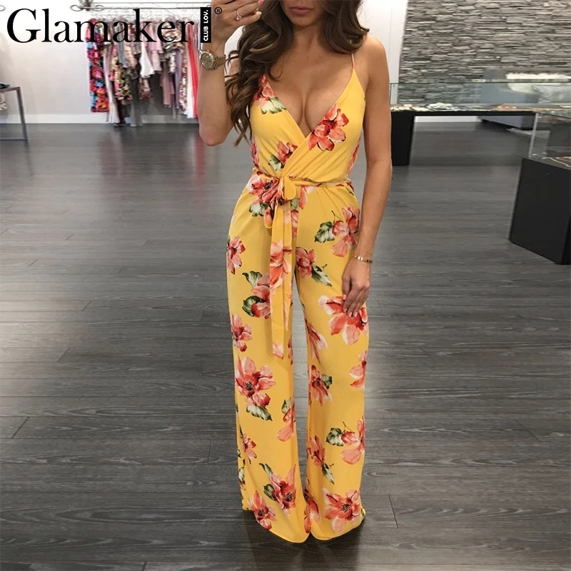 Женский полосатый комбинезон Glamaker летний длинный с глубоким v образным вырезом