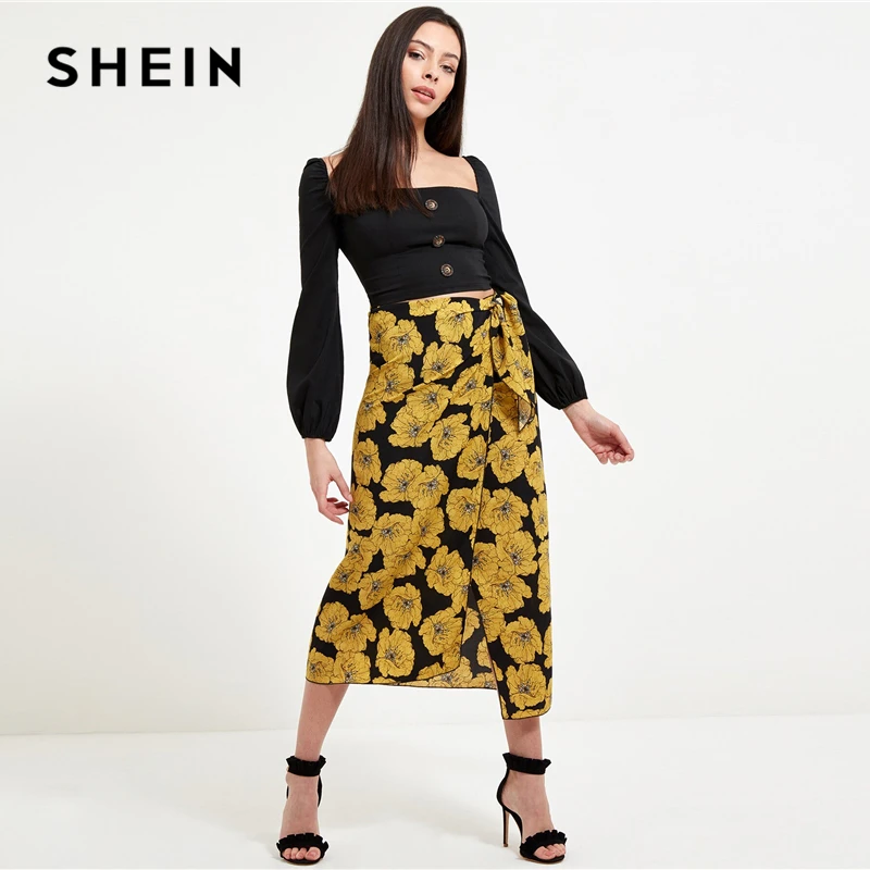 SHEIN Женская длинная юбка с цветочным принтом, с завязками, весна-лето, средняя талия, богемное Цельнокройное платье, разрезные юбки