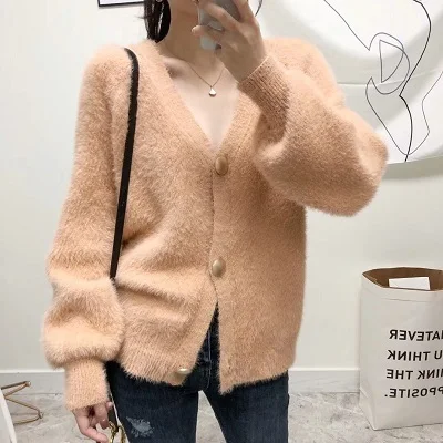 Khaki Зимний Корейский элегантный кардиган женский свитер Sueter mujer джемпер розовые свитеры металлические пуговицы негабаритное пальто Верхняя одежда Топы - Цвет: Khaki