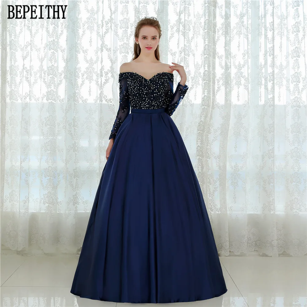 Женское атласное вечернее платье BEPEITHY бальное с бисером и длинным рукавом