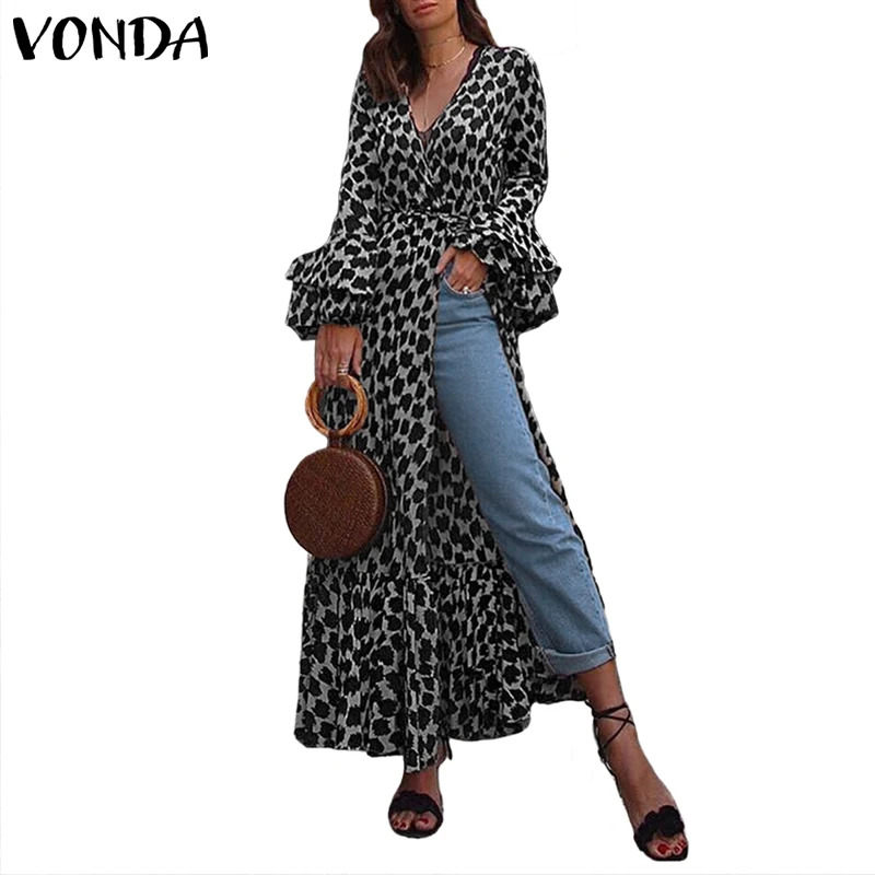 VONDA Sexy Split Maxi Dresses Casual Loose Leopard Print Long Sleeve Women Dress 2020 Autumn Spring V-neck Party Sundress | Женская