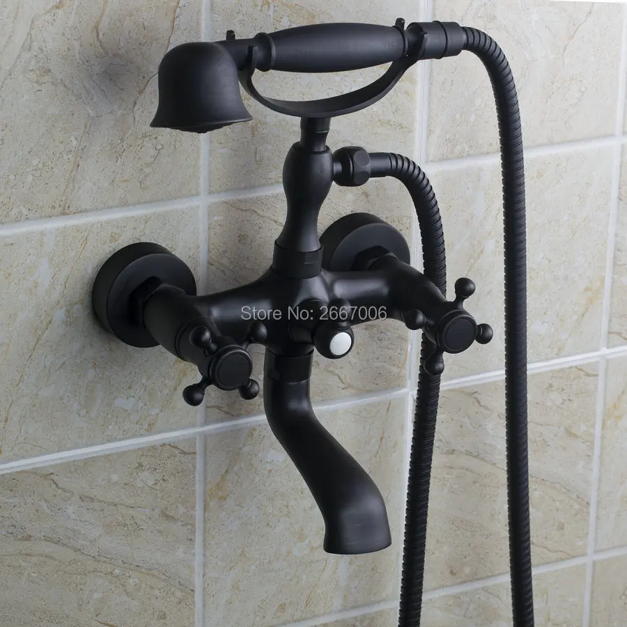 

Free shipping Luxury Bathroom Wall Telephone Type shower Mixer Faucet black shower sets Swivel Spout Tap with Hand Shower GI306