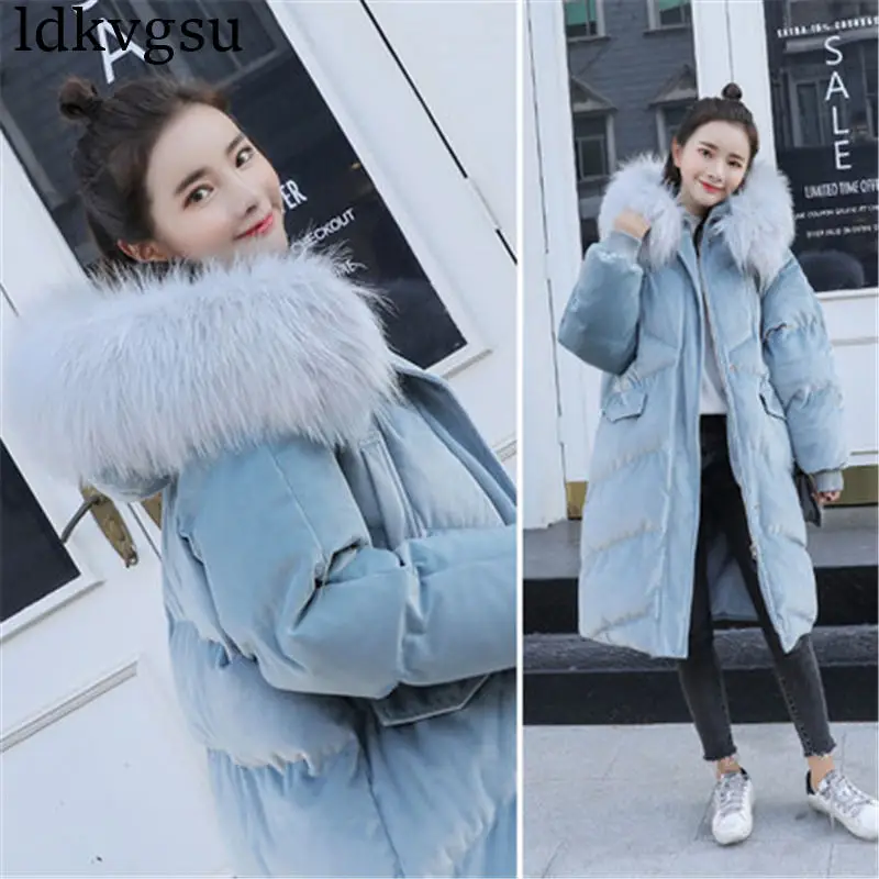 blue gray collar Новая модная парка Mujer Повседневная зимняя куртка для женщин с капюшоном Женская куртка зимнее пальто Женская парка верхняя одежда V53 - Цвет: blue gray collar