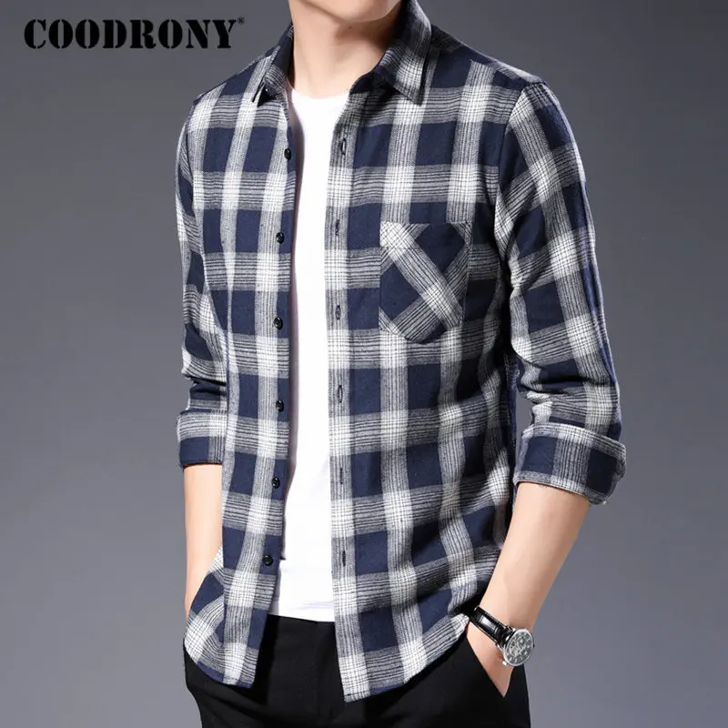 COODRONY, мужская рубашка, осенняя, мягкая, хлопковая, с длинным рукавом, рубашка для мужчин, уличная мода, в клетку, повседневные рубашки, с карманом, Camisa Masculina 96058