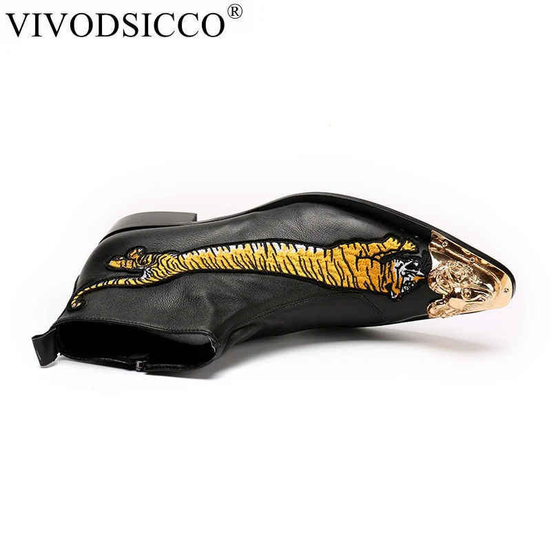 VIVODSICCO/Новинка; модные мужские ботильоны из натуральной кожи с вышитым тигром; парадная обувь; ботинки «Челси» с острым носком; ковбойские ботинки