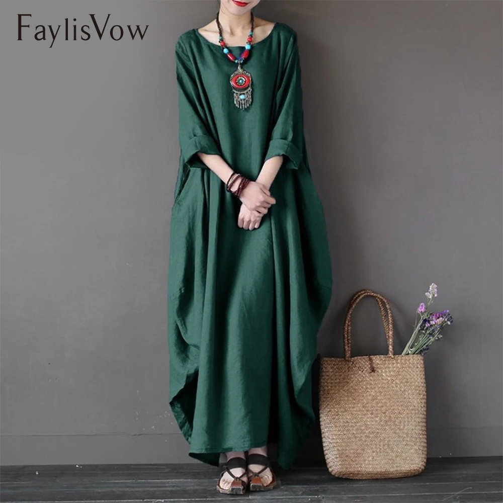 Faylisvow, женское платье-кафтан с круглым вырезом и длинным рукавом, платье макси, лето-осень, хлопковое льняное платье, платья размера плюс, платья больших размеров