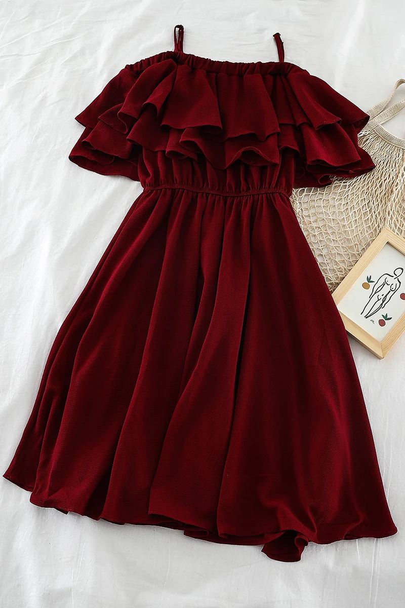 2019 Новое модное женское платье на бретелях с оборками талии однотонное средней