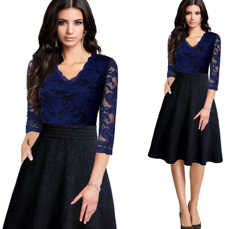 Blue and Black Vfemage женское винтажное элегантное Прозрачное цветочное кружевное платье с карманами и рюшами Vestidos Pinup деловые вечерние платья трапециевидной формы 396 - Цвет: Blue and Black