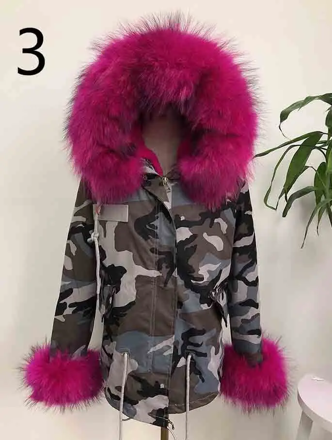 Hot Pink Fur Парка настоящая меховая парка Женская Шуба с воротником из натурального меха енота дизайн - Цвет: Hot Pink Fur
