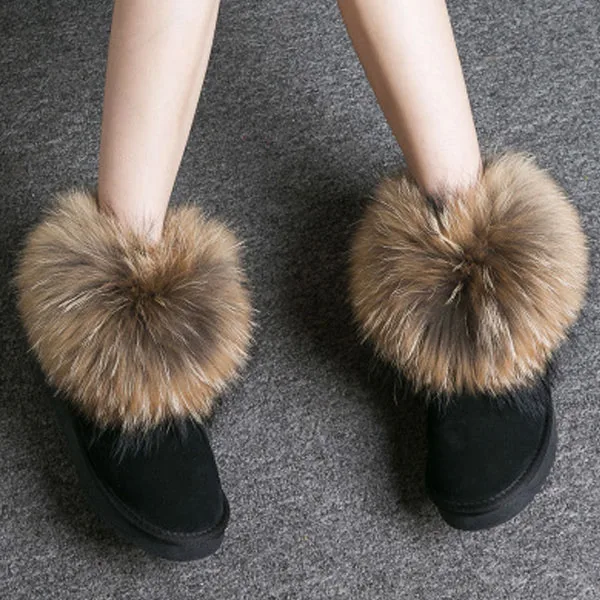 Black Shoes Женские ботинки из натуральной кожи с натуральным лисьим мехом; брендовая зимняя обувь; Теплые повседневные черные женские зимние ботинки с круглым носком размера плюс - Цвет: Black Shoes