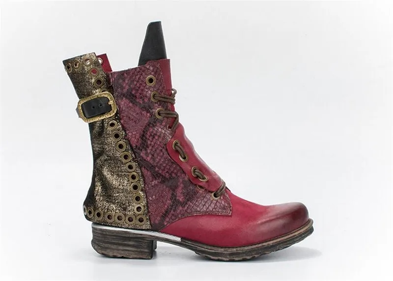 Prova Perfetto Лоскутные ботильоны для женщин Осень Зима Плоская подошва Botas Mujer женские заклепки Шипованные платформа Резиновая женская обувь
