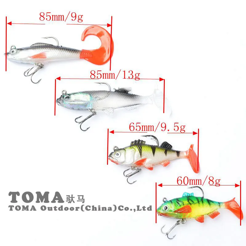 TOMA, 4 шт., свинцовая головка, Мягкая приманка, Т-образный хвост, рыболовные приманки, 8 г/9 г/9,5 г/13 г, пластиковые, Isca, искусственные тройные Крючки, рыболовные снасти