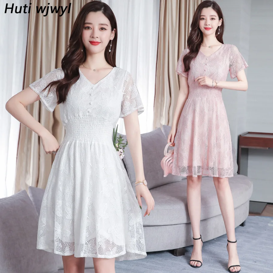 Летние однотонные кружевные пляжные Мини платья 2019 корейские винтажные Большие