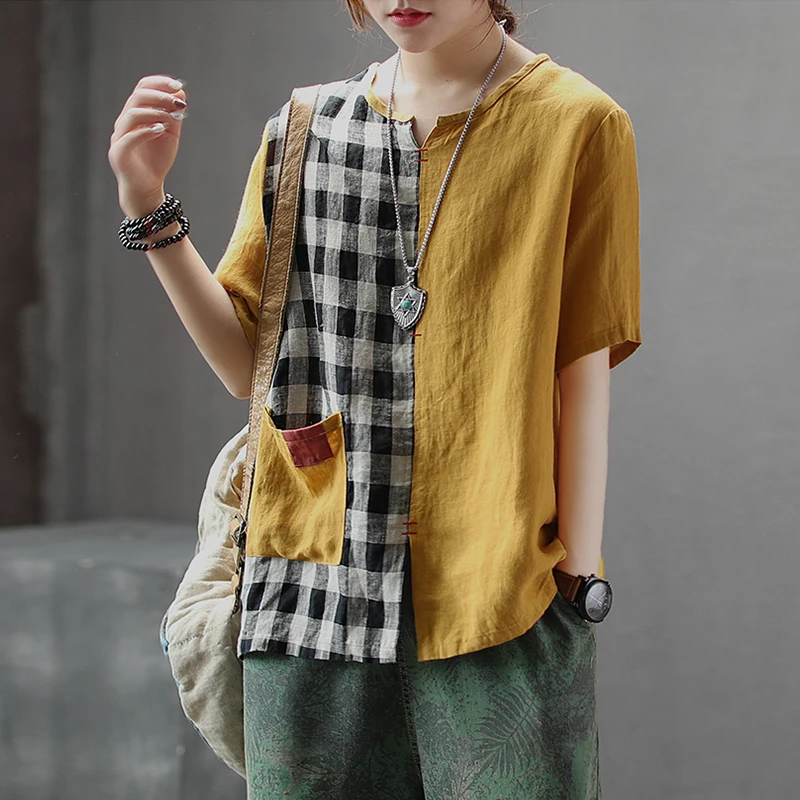 Новинка 2019 летняя женская футболка в стиле пэчворк хлопок лен Новый Винтажный