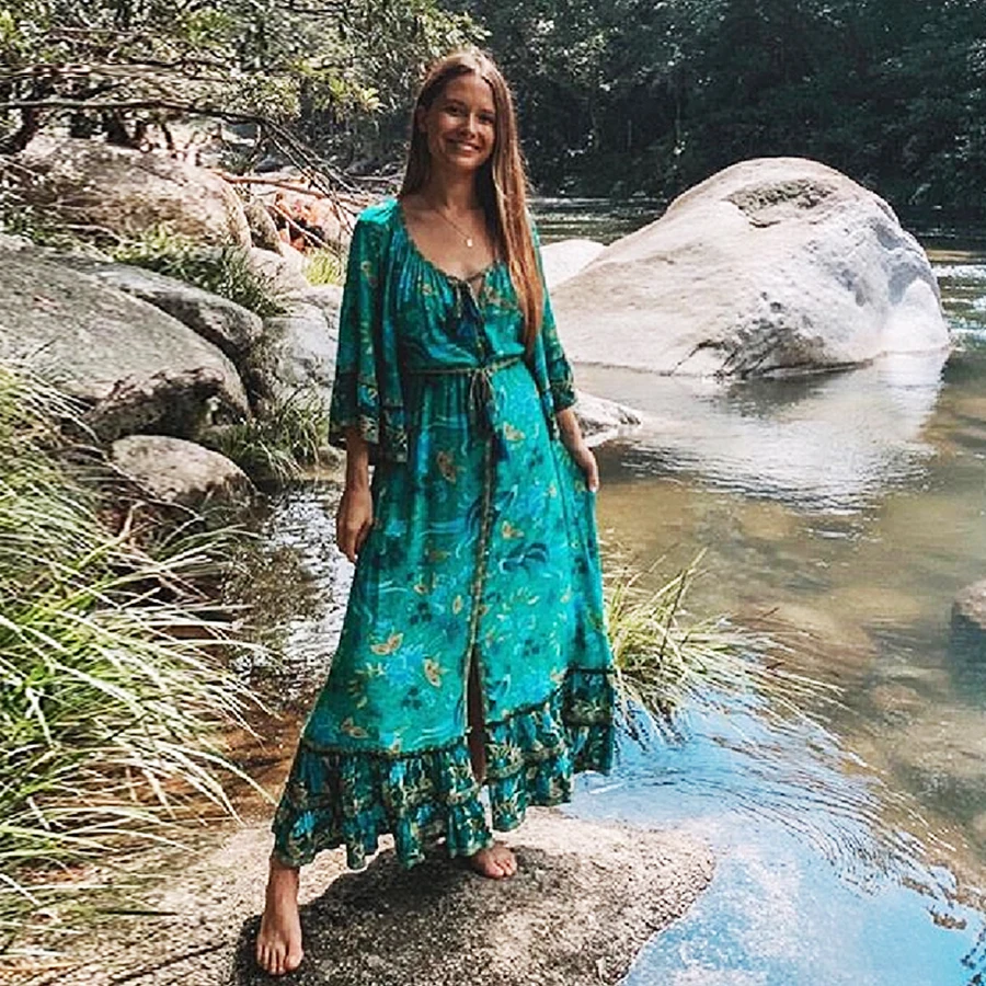 TEELYNN maxi women dresses Malachite green rayon ILONA Forest floral print summer Dresses Drawstring waist BOHO Dresses vestidos