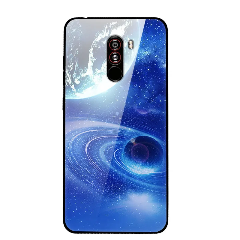 Синий Чехол для Xiaomi Pocophone F1, закаленное жесткое заднее стекло, чехол для Xiaomi Poco F1, силиконовый мягкий бампер, чехол с принтом - Цвет: Синий