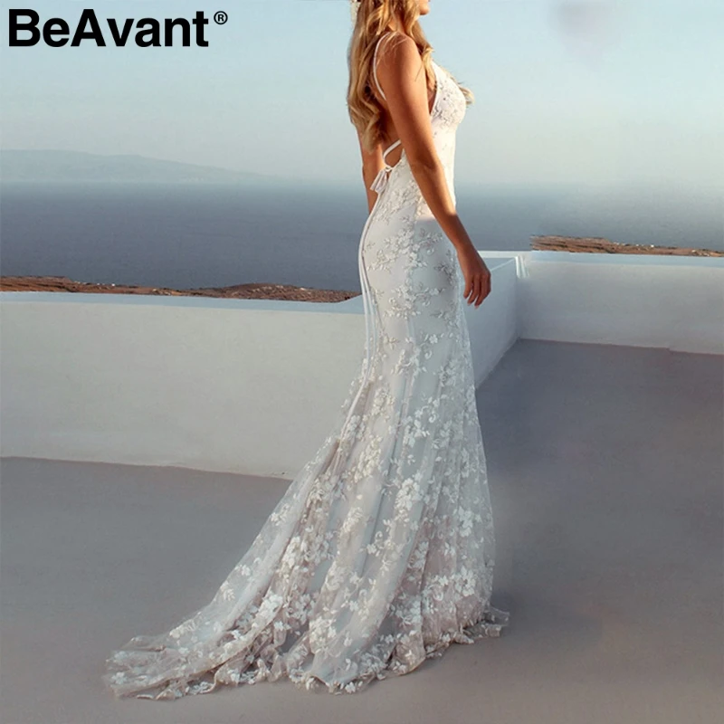 BeAvant Backless lace up women party dress Sexy white long elegant V neck strap bodycon winter female 2018 | Женская одежда