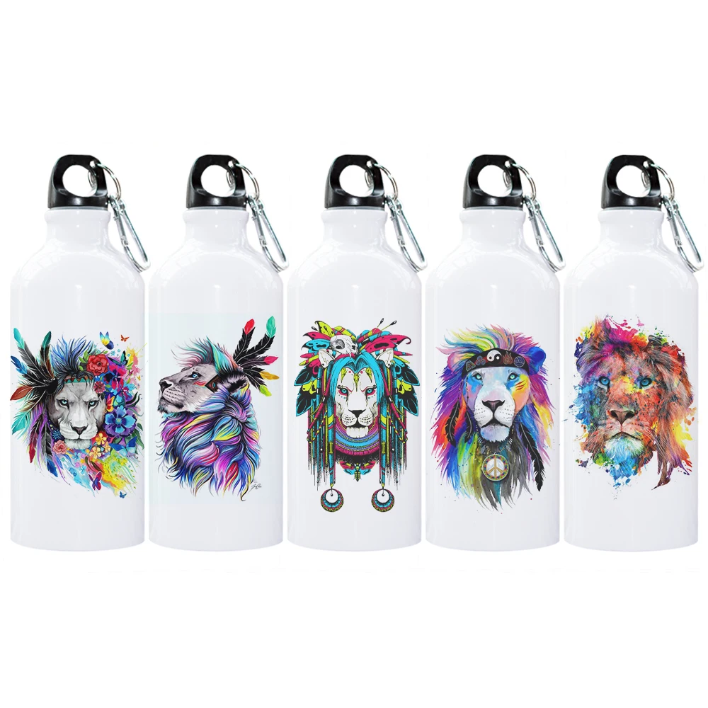 

Lions Photo Sport Water Bottle with Carabiner for Tour Outdoor Sport Touring Canteens Creative Watercolor Printing Gift Bottle