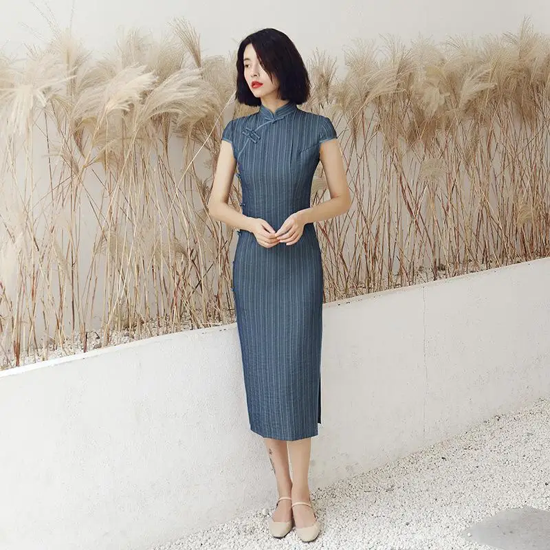 Китайский винтажный китайский воротник Qipao элегантные Cheongsam средней длины летние женские с короткими рукавами платья из хлопка и льна размер xxl - Цвет: Dark Blue