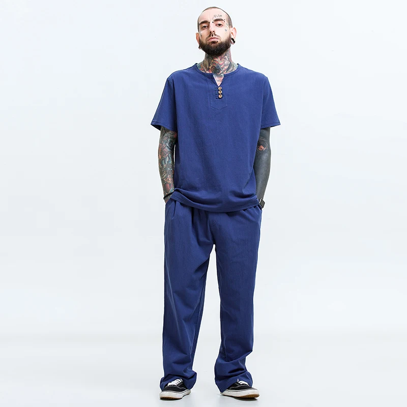 

Big size men t shirt set M-8XL 9XL t shirt Linen short sleeve large t shirts casual v-neck loose two-piece suit t shirts sets