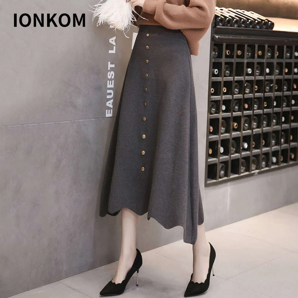IONKOM Elegant Office Ladies High Elastic Waist Skirt Button Fly Irregular Hem Autumn Skirts Womens A Line Knitted Midi | Женская одежда