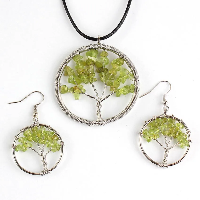 

100-Uniqe 1 Set Beautiful Silver Plated Green Olivine Stone Pendant Tree of Life Necklace Earrings Jewelry Set