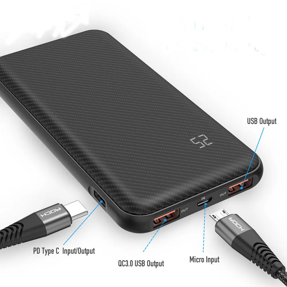 Rock Quick charger power Bank 10000 мАч Pd Qc 3 0 18 Вт Цифровой светодиодный дисплей двойной Usb