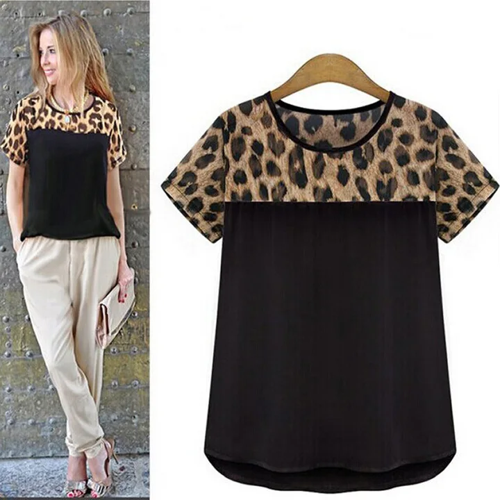 2015 Europe and the United States women's fashion with short sleeves Ms leopard splicing T-shirt coat Free shipping | Женская одежда