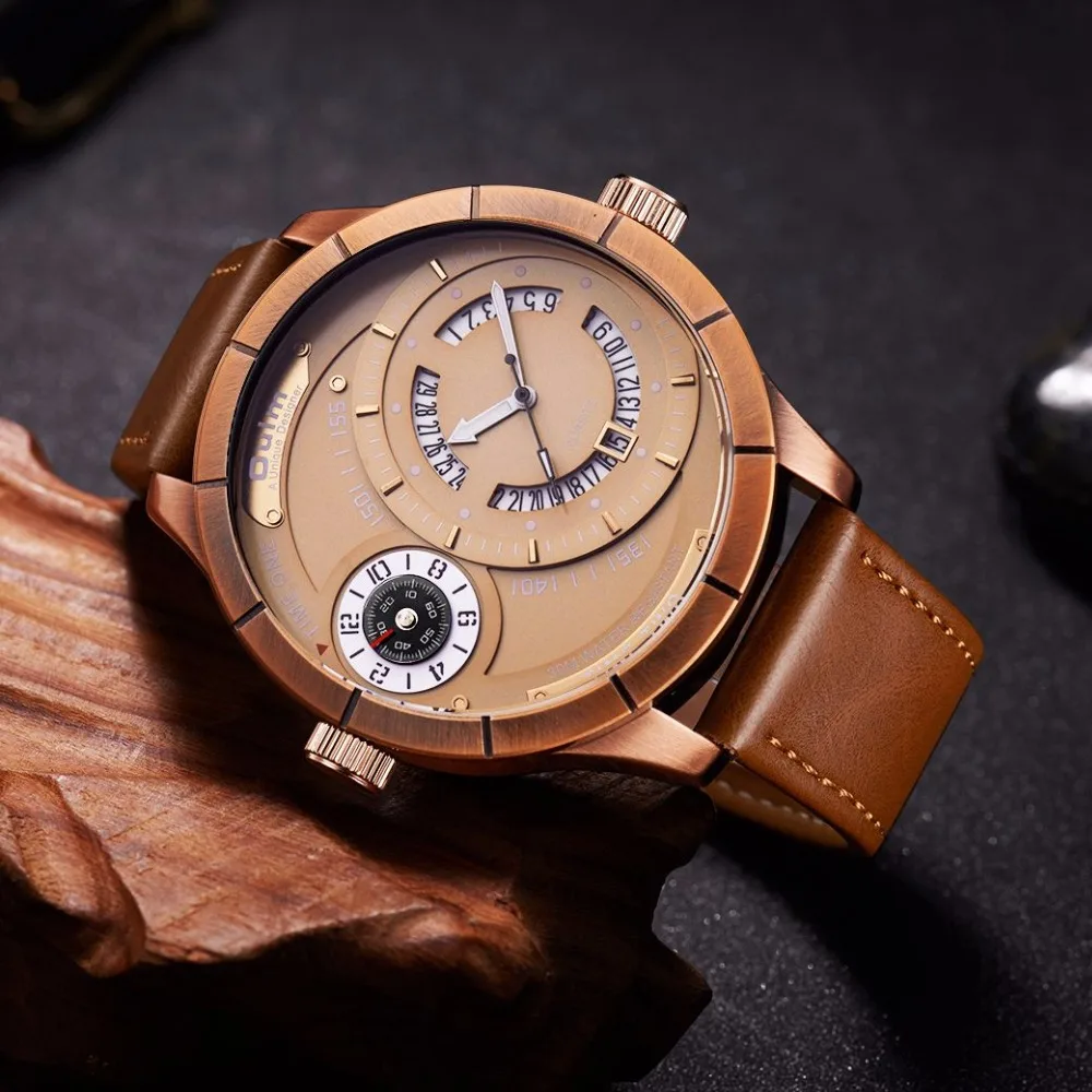 

Oulm Sports Men Watches Two Different Time Zone Unique Calendar Quartz Watch Male Luxury Brand Big Size Men's Wristwatch