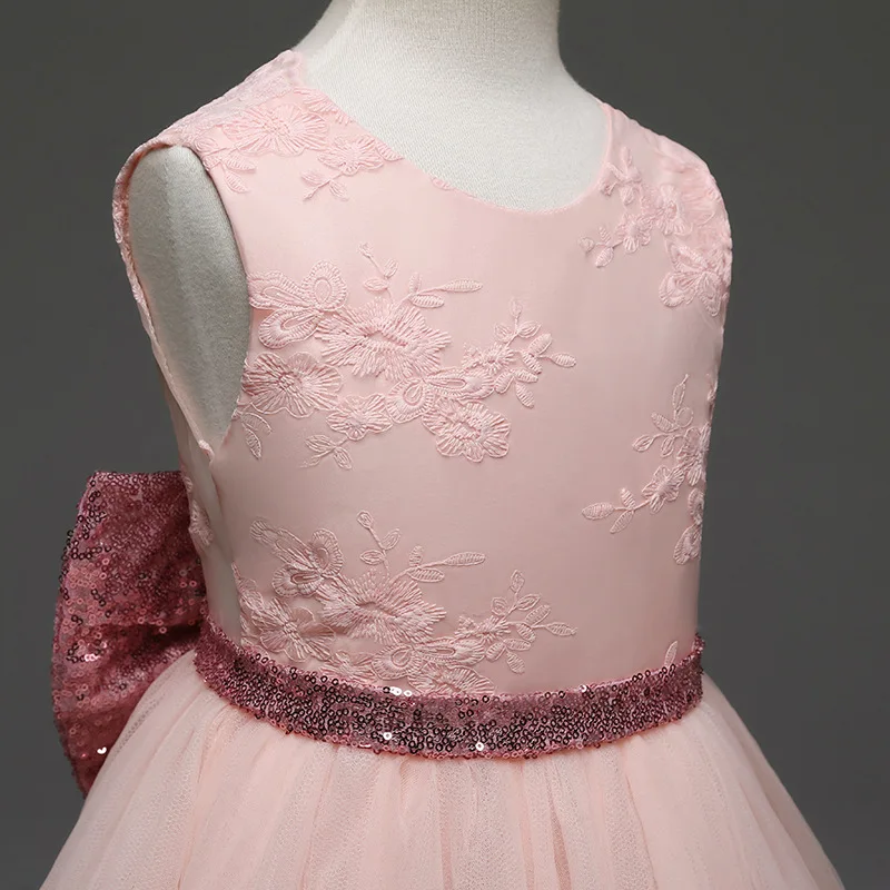 

New Girls Dress Kids Lace Embroidery Dress Sleeveless Party Tutu Dress Ball Gown with Sequin Bow Children Wedding Tulle Dresses