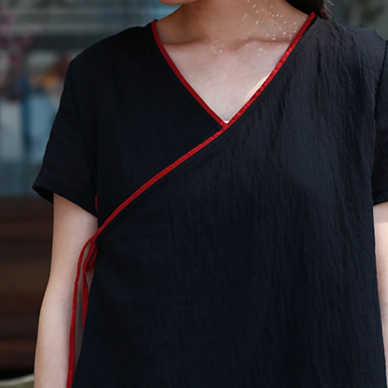 Женские рубашки с поясом Johnature льняные блузки v-образным вырезом и коротким