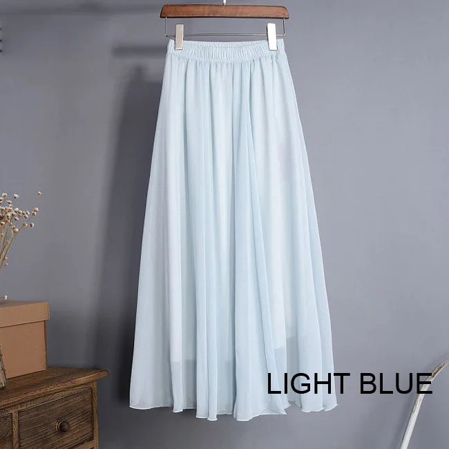 Light blue Женская элегантная шифоновая юбка с высокой талией, эластичная резинка на талии, повседневные длинные макси юбки Saias 80/90/100 см, 22 цвета, лето-осень, Новинка - Цвет: Light blue