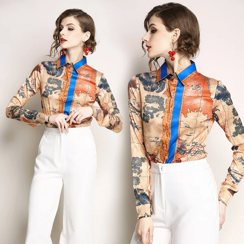 Женская винтажная блузка с длинным рукавом Повседневная рубашка принтом и