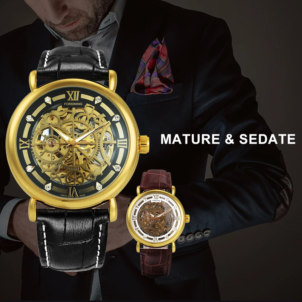 Роскошные золотые мужские механические часы-скелетоны FORSINING с кожаным ремешком
