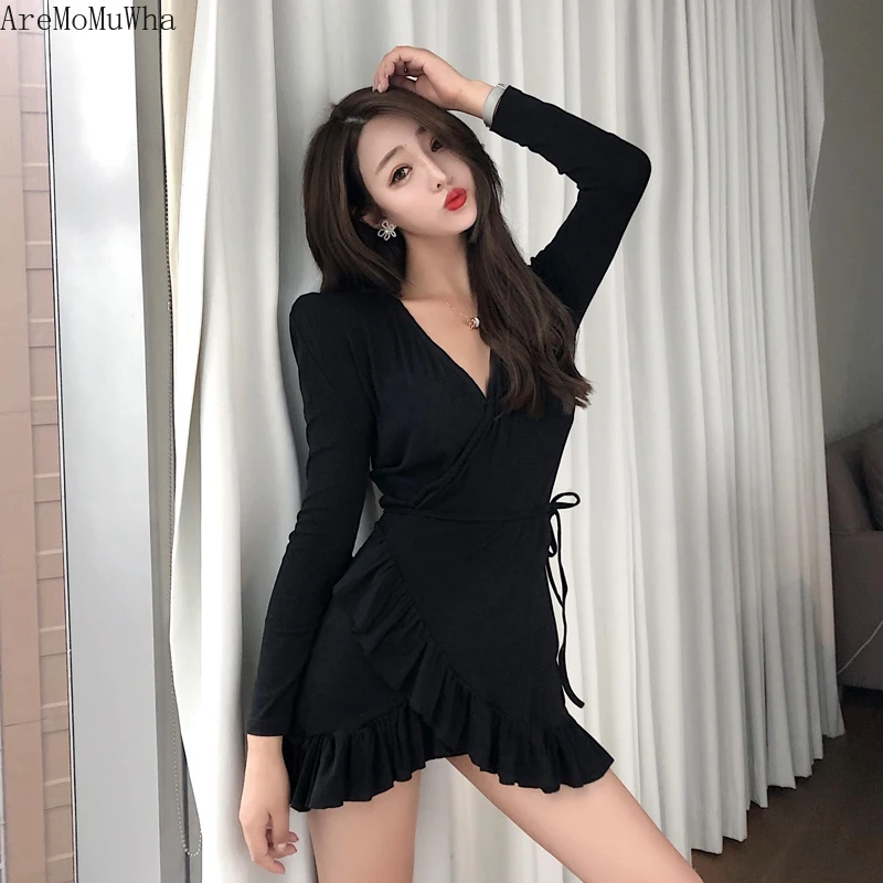 Платье летнее короткое с V-образным вырезом и листьями лотоса | Женская одежда