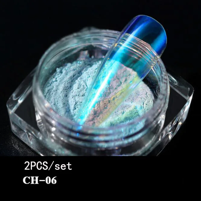2pcs 06 2 бутылки/набор Aurora порошок неонового пигмента льда через телесный Хамелеон Русалка порошок супер зеркальный эффект, цвета хрома наборы блесток ногтей - Цвет: 2pcs 06