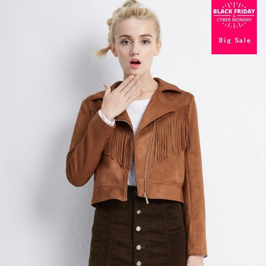 Fashion brand faux suede velvet thikcer suede jacket female street style tassel stitching warm leather jacket coat wq430