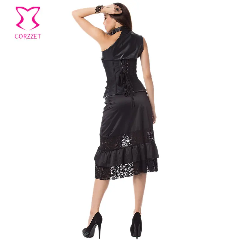 Черная атласная и кожаная Броня корсет юбка платье в стиле стимпанк женские