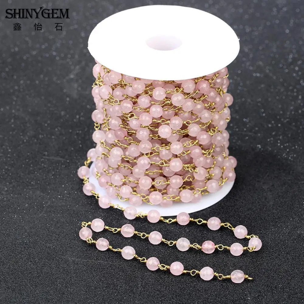 ShinyGem 6mm sfaccettato quarzo rosa catene di perline placcatura in oro AAA grado naturale rosa cristallo rosario catene per gioielli che fanno 5 m/lotto