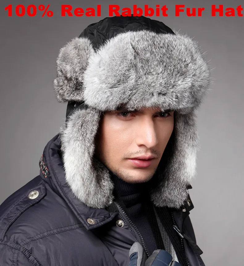 High Quality Mens 100% Real Rabbit Fur Winter Hats With Ear Flaps Outdoor Warm Snow Caps Russian Hat Bomber Cap For Women W00256