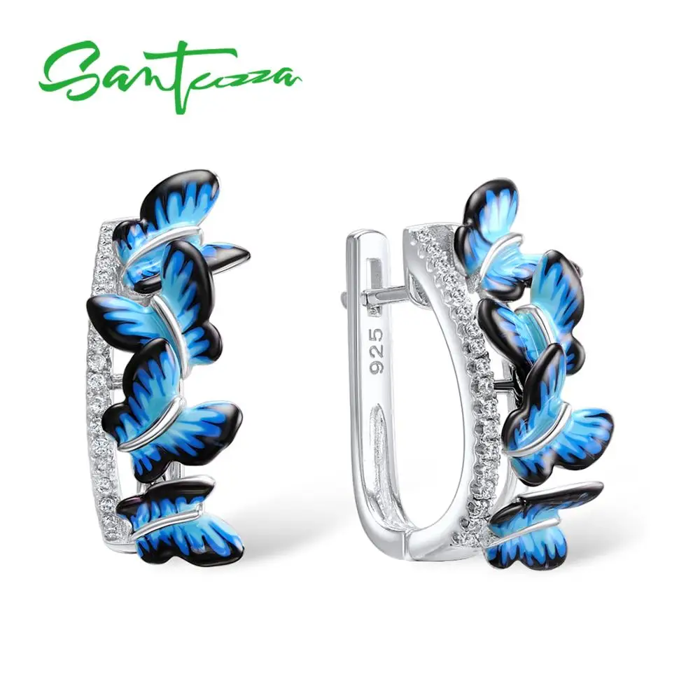 SANTUZZA, серебряные серьги для женщин, 925 пробы, серебряные серьги-гвоздики с бабочкой, серебро 925, кубический цирконий, ювелирные изделия с эмалью