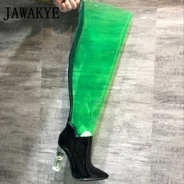 Grass green Подиумные женские ботинки из ПВХ в стиле пэчворк с металлическими кристаллами на высоком каблуке; высокие ботинки с острым носком; пикантная обувь для ночного клуба; женские сапоги до колена - Цвет: Grass green