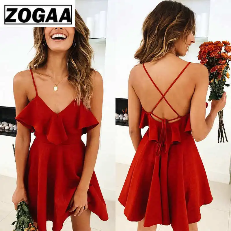 Женское платье с открытой спиной ZOGAA красное винтажное мини v образным вырезом и