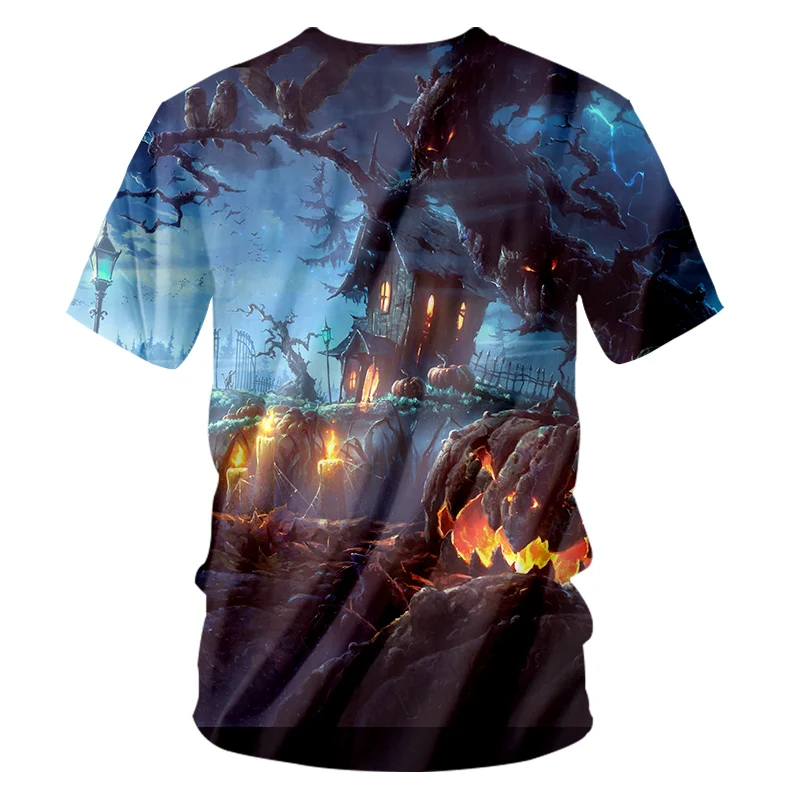 UJWI Halloween Forest Terror Castle Ghost Men's V Neck Tshirt 3D Printed Big Mouth Flame Pumpkin Man Large Size T-shirt 6XL | Мужская