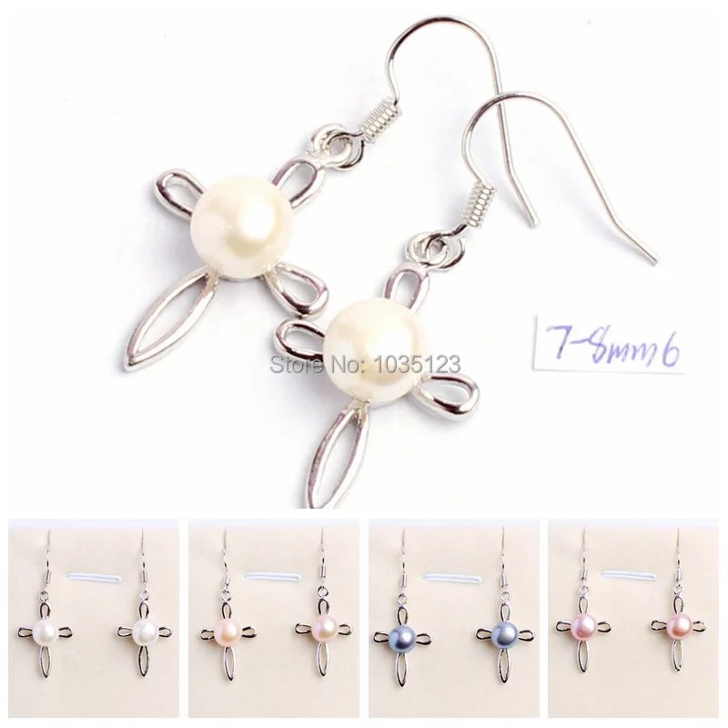 

7-8mm Natural 4 Color Freshwater Pearls Cross Shape Fashion Earrings 1 Pair wj168